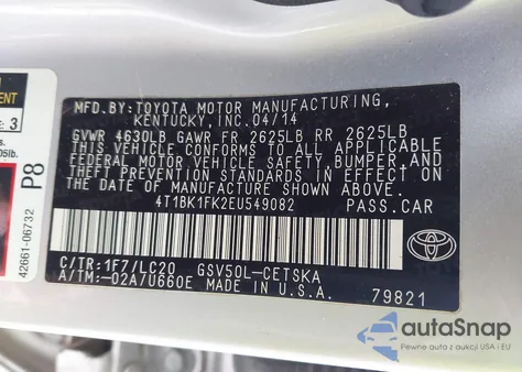 2014 Toyota Camry Se V6 from USA, damaged, VIN 4T1BK1FK2EU549082